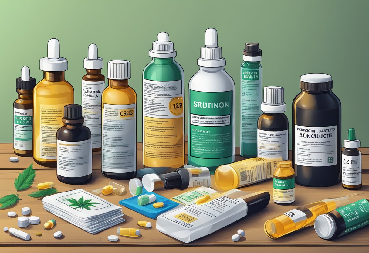 Various medications and CBD bottles on a table, with warning labels and caution signs
