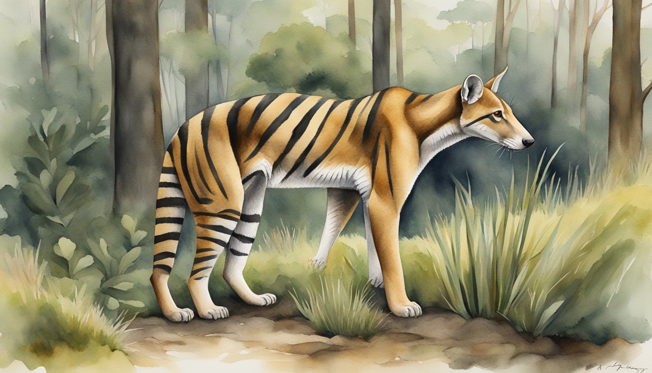 A Tasmanian tiger stands in a lush, forested landscape, gazing off into the distance with a sense of mystery and intrigue.</p><p>The creature's distinct stripes and elongated body are captured in exquisite detail, showcasing its unique and majestic presence