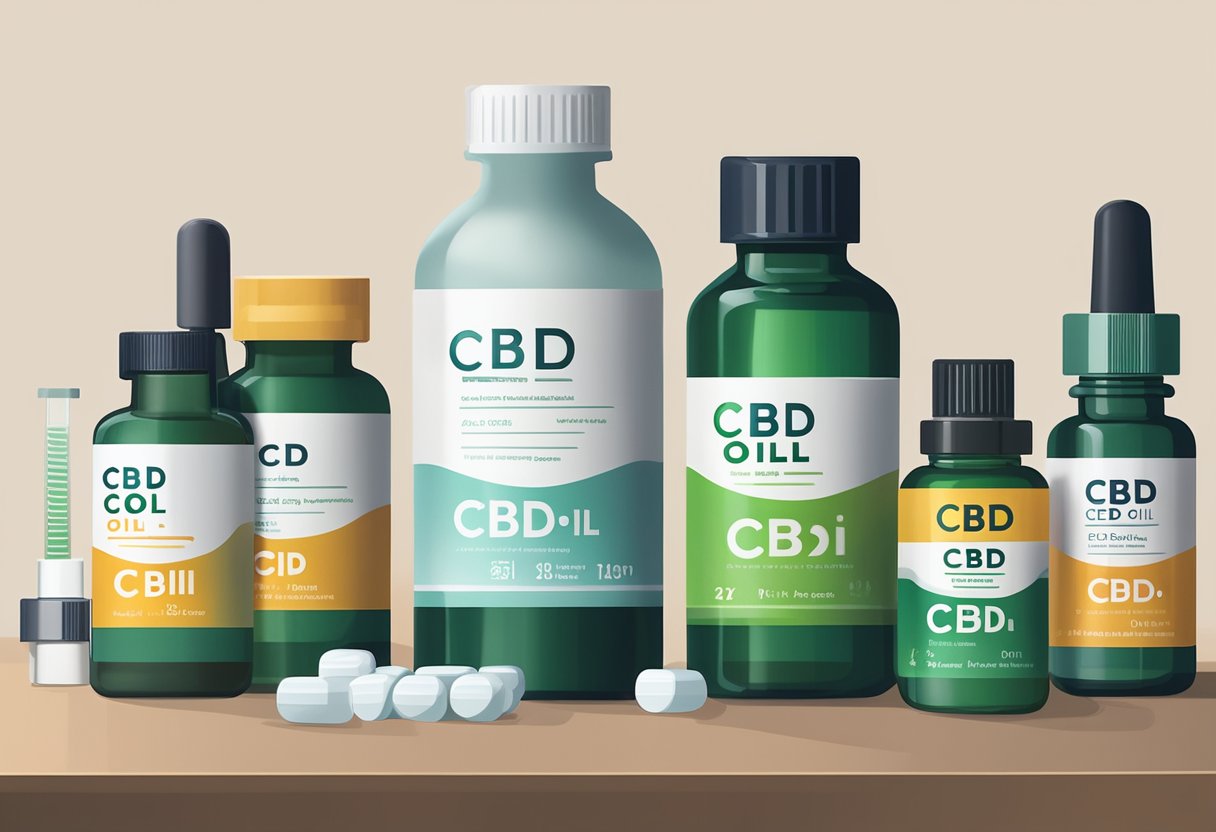 A bottle of CBD oil sits next to various prescription medication bottles on a countertop. The labels of the medications are visible, and there is a sense of caution and concern in the air