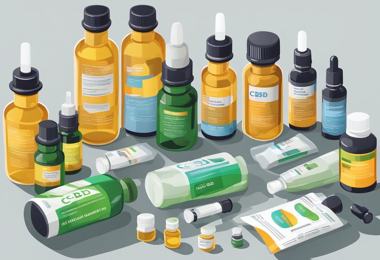 Various medication bottles and a bottle of CBD oil arranged on a table, with caution labels and warning signs visible