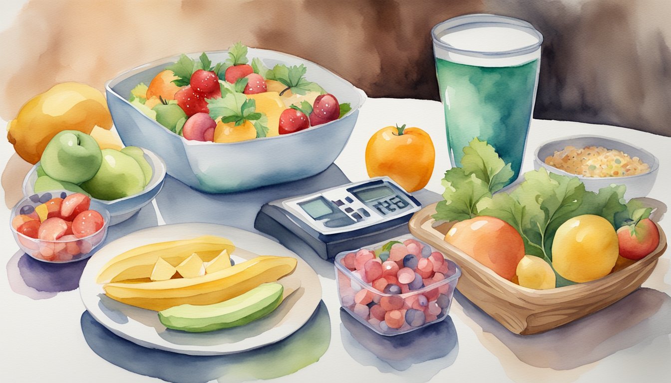 A table with healthy and unhealthy food options, surrounded by exercise equipment and a scale