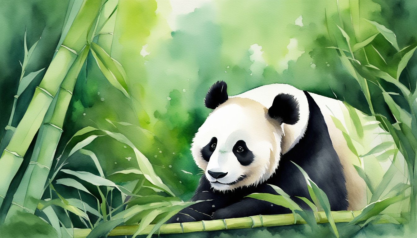 A panda peacefully munches on bamboo in its lush, green habitat