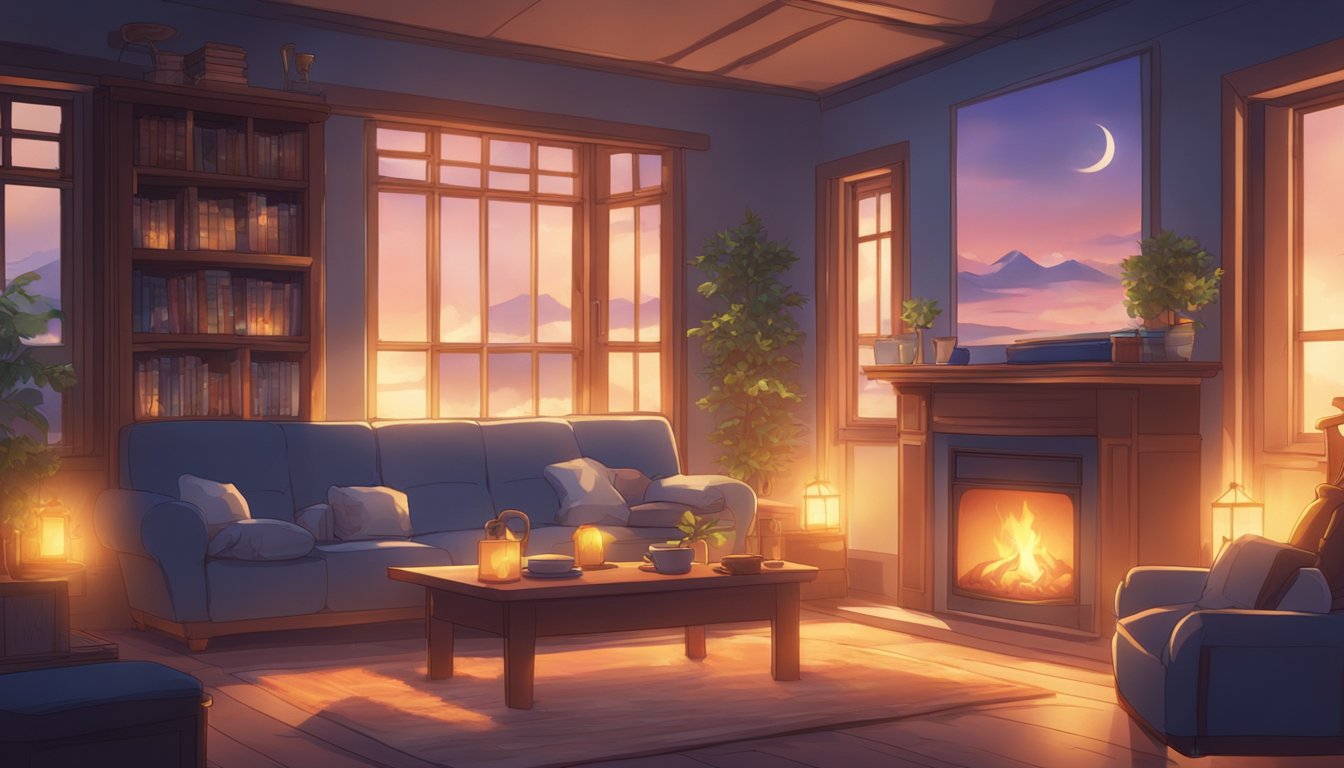 A cozy room with a glowing fireplace, plush seating, and warm lighting creates a comfortable and inviting atmosphere