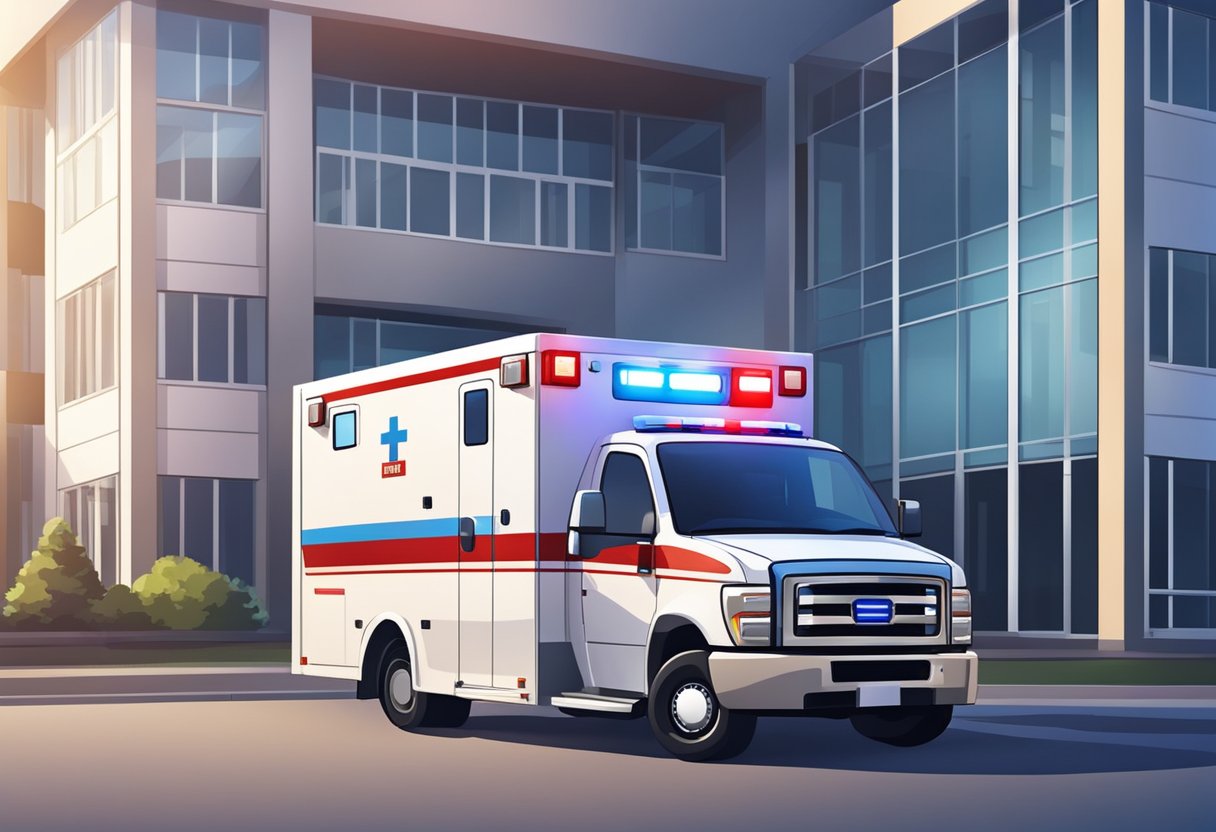 A modern private ambulance parked outside a hospital. The ambulance is white with red and blue emergency lights on top