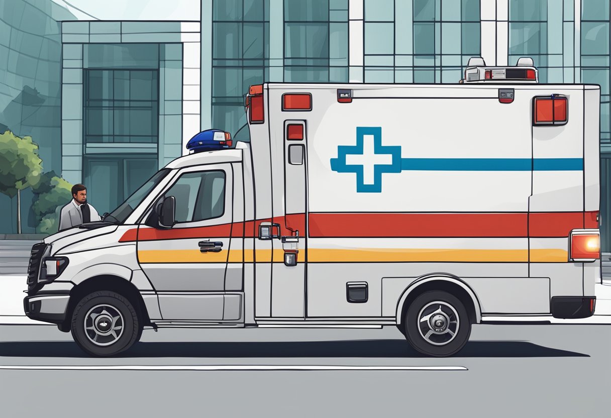 A private ambulance parked outside with a paramedic inside, while the cost of private ambulance services is displayed on a sign