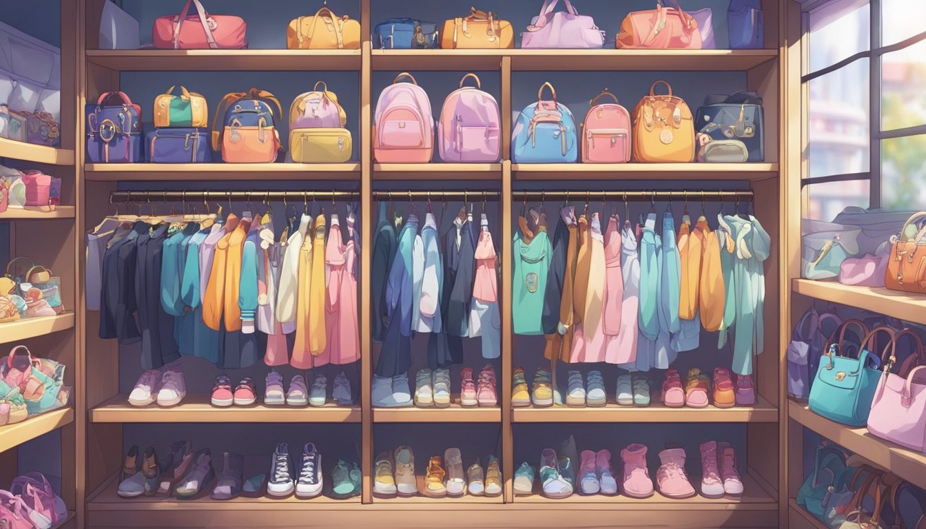 A variety of doll clothes and accessories are displayed on shelves and racks in a brightly lit store, with different styles and colors to choose from