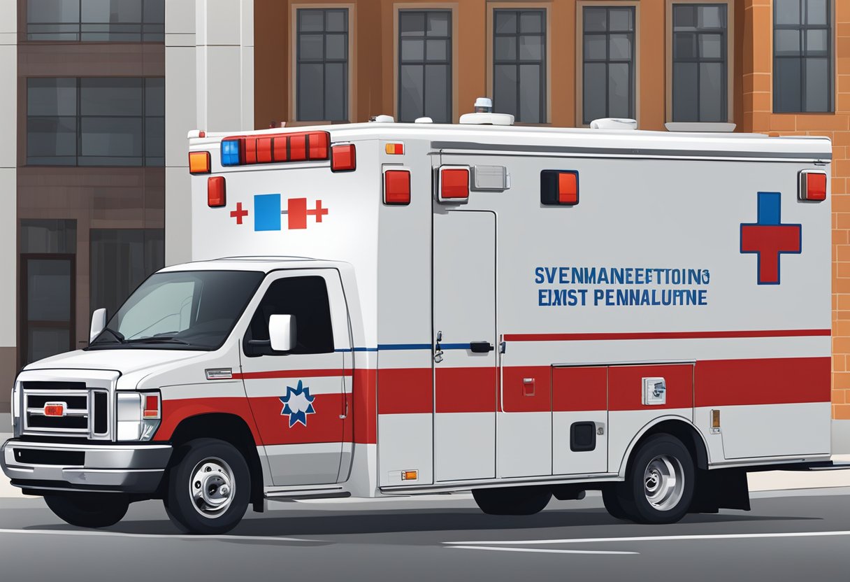 A private ambulance parked outside with a cost estimate sign displayed