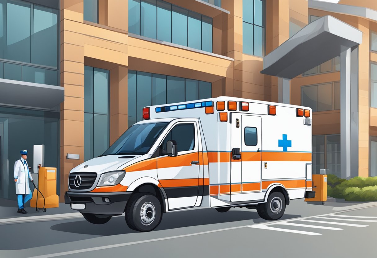 A private ambulance parked outside a hospital, with a paramedic unloading medical equipment