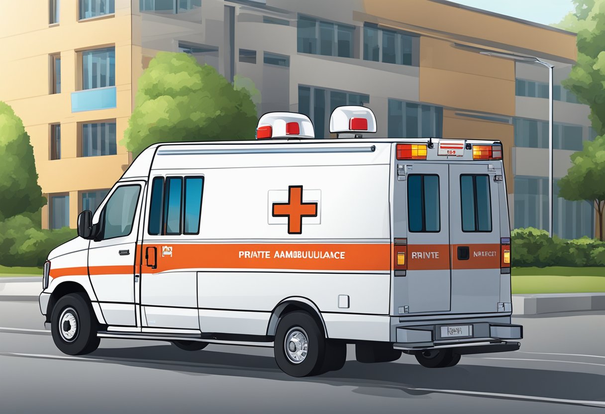 A private ambulance parked outside a hospital with a price inquiry sign