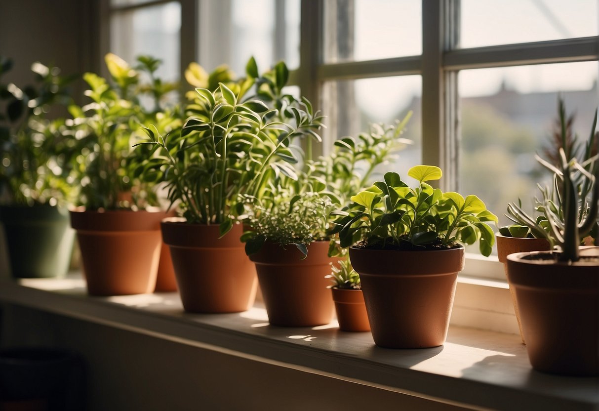Various potted plants arranged on a wall, with a ladder and gardening tools nearby. Sunlight streaming in through a nearby window