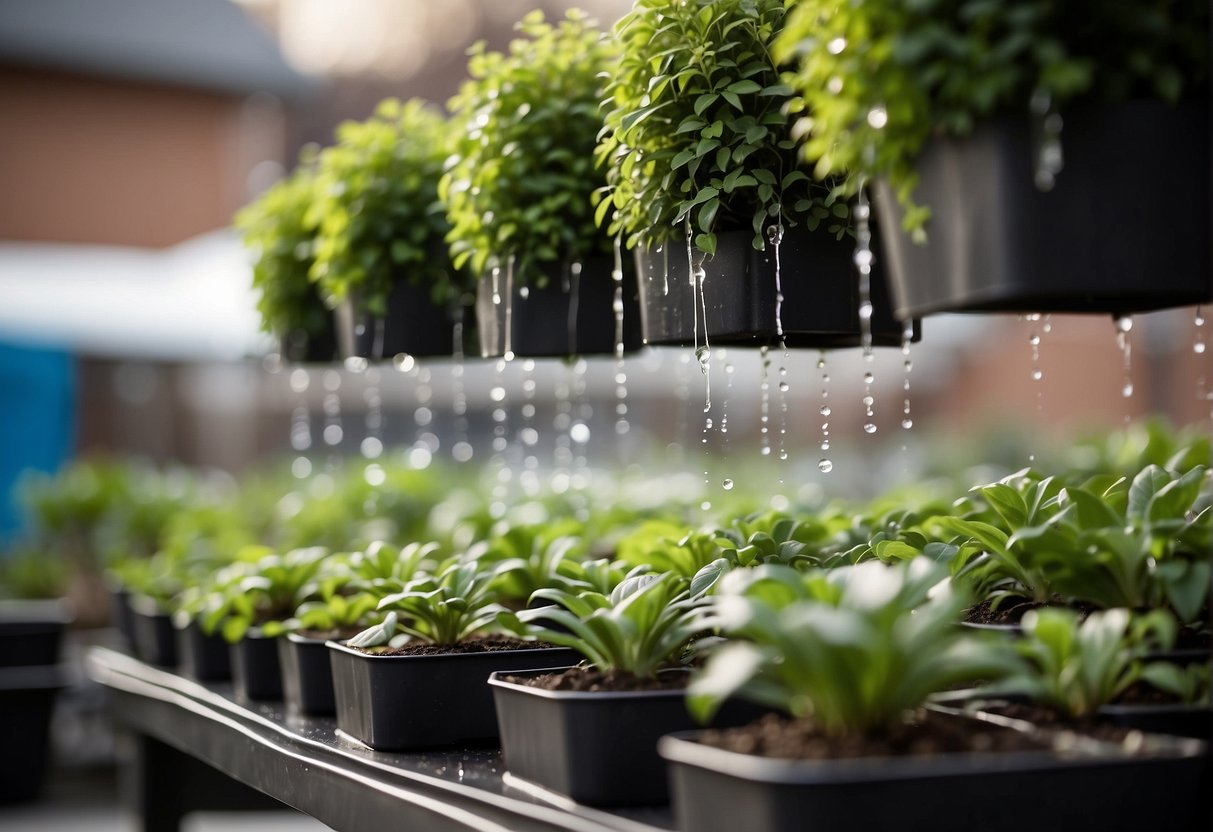 Lush green plants in vertical planters, water droplets from irrigation, and fertilizer being applied to the soil