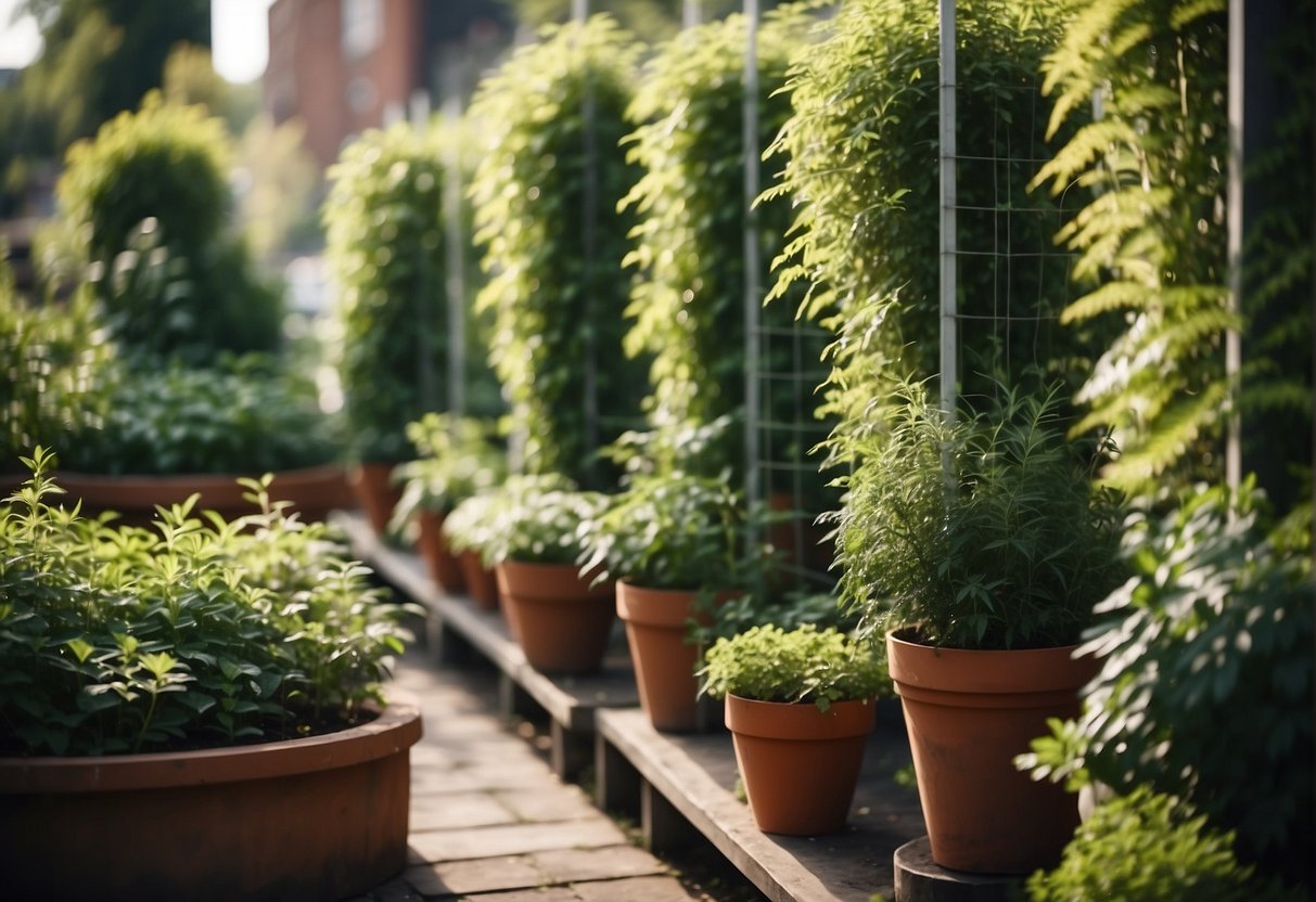Lush green plants grow vertically in a well-tended garden, with trellises, pots, and hanging planters maximizing space and health
