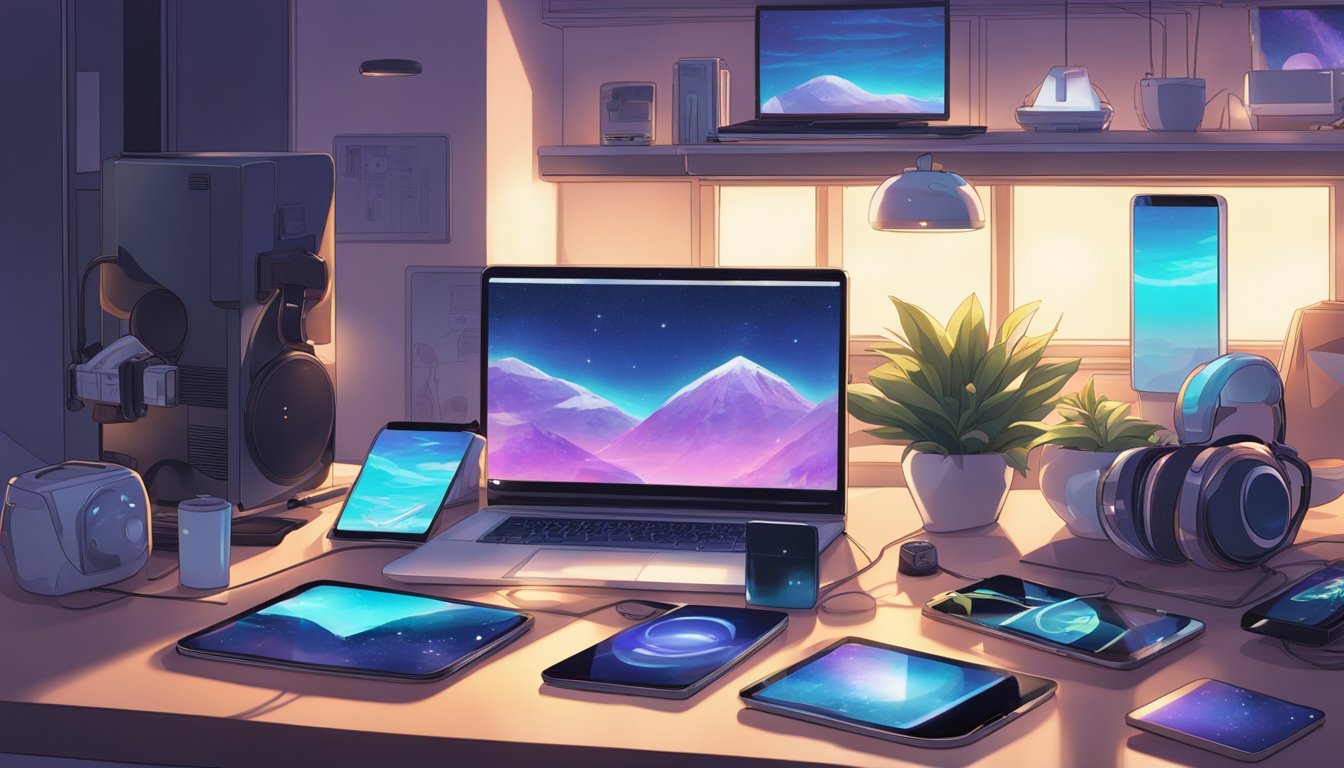 A variety of technological devices, such as tablets, smartphones, and virtual reality headsets, are arranged on a sleek, modern table. The devices are illuminated by soft ambient lighting, creating an inviting and futuristic atmosphere