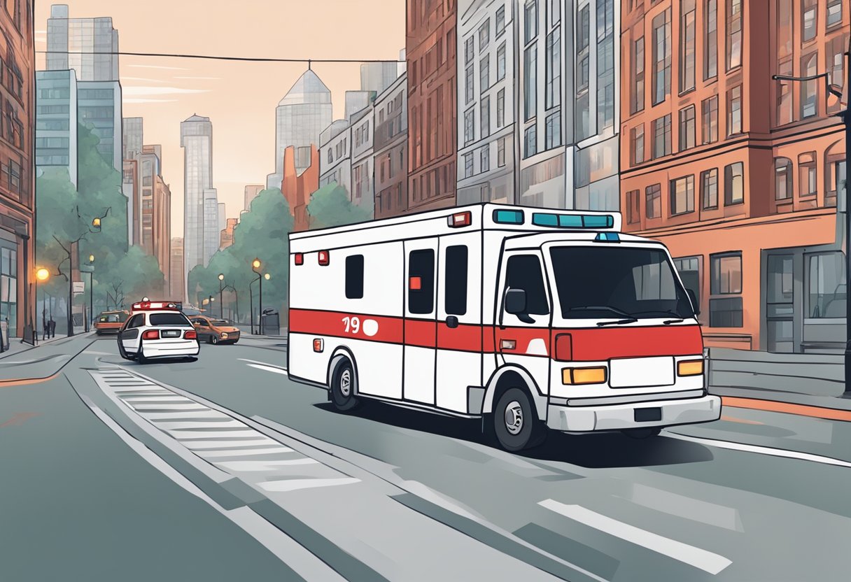 A person dials 192 on a phone, while a red and white ambulance rushes through the city streets with flashing lights and blaring sirens