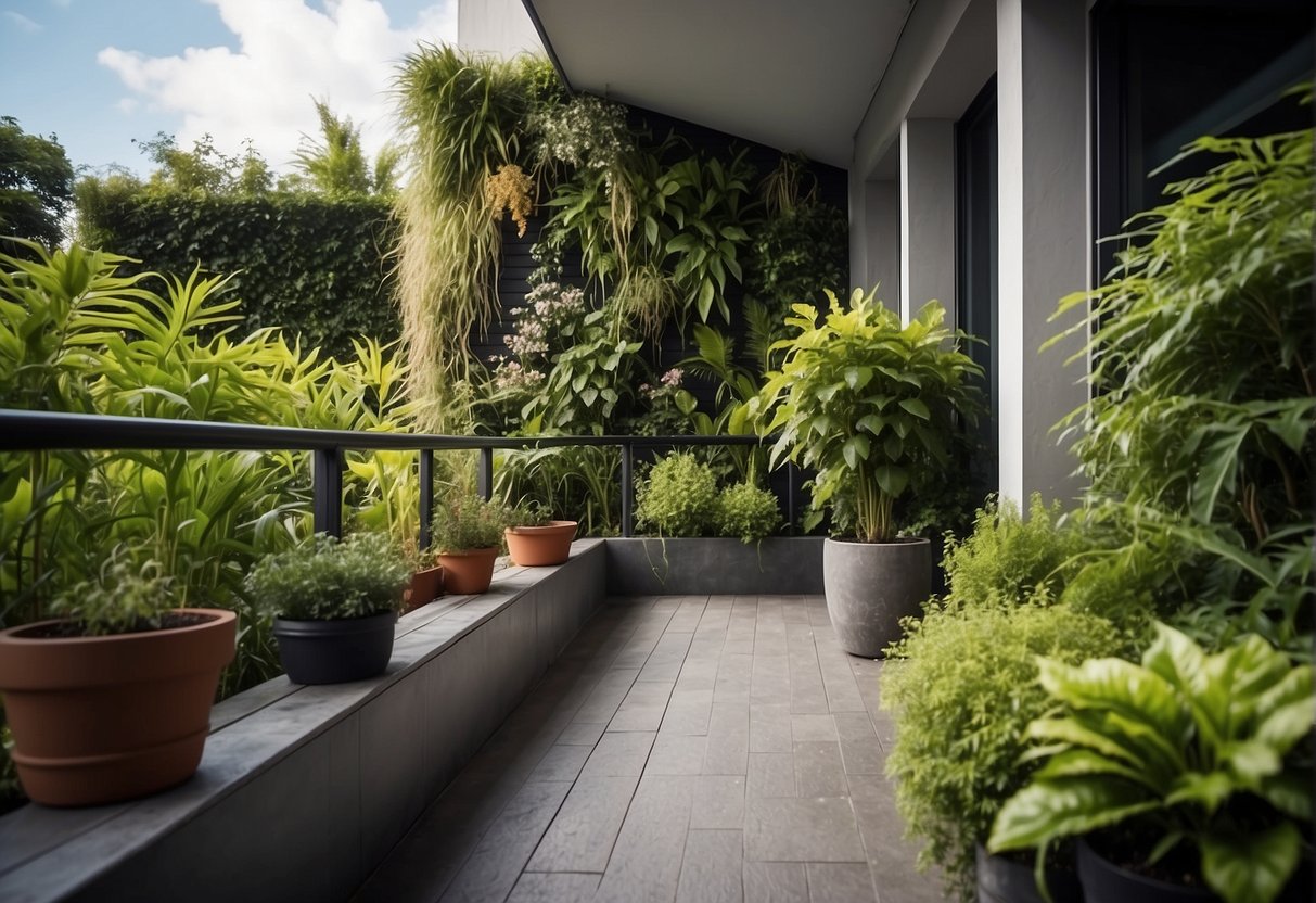 A lush balcony garden with a living wall of vibrant plants