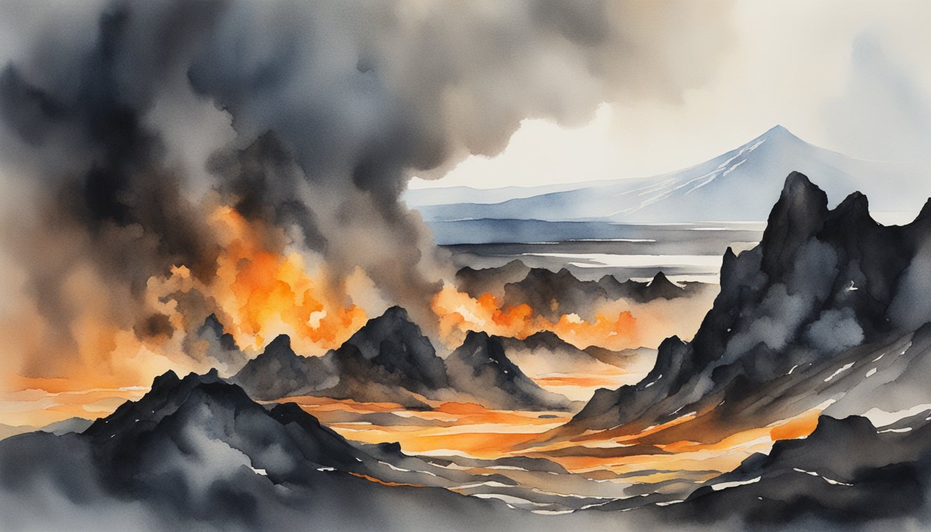 Molten lava flows from Iceland's active volcano, creating a rugged, black landscape of jagged rocks and billowing smoke