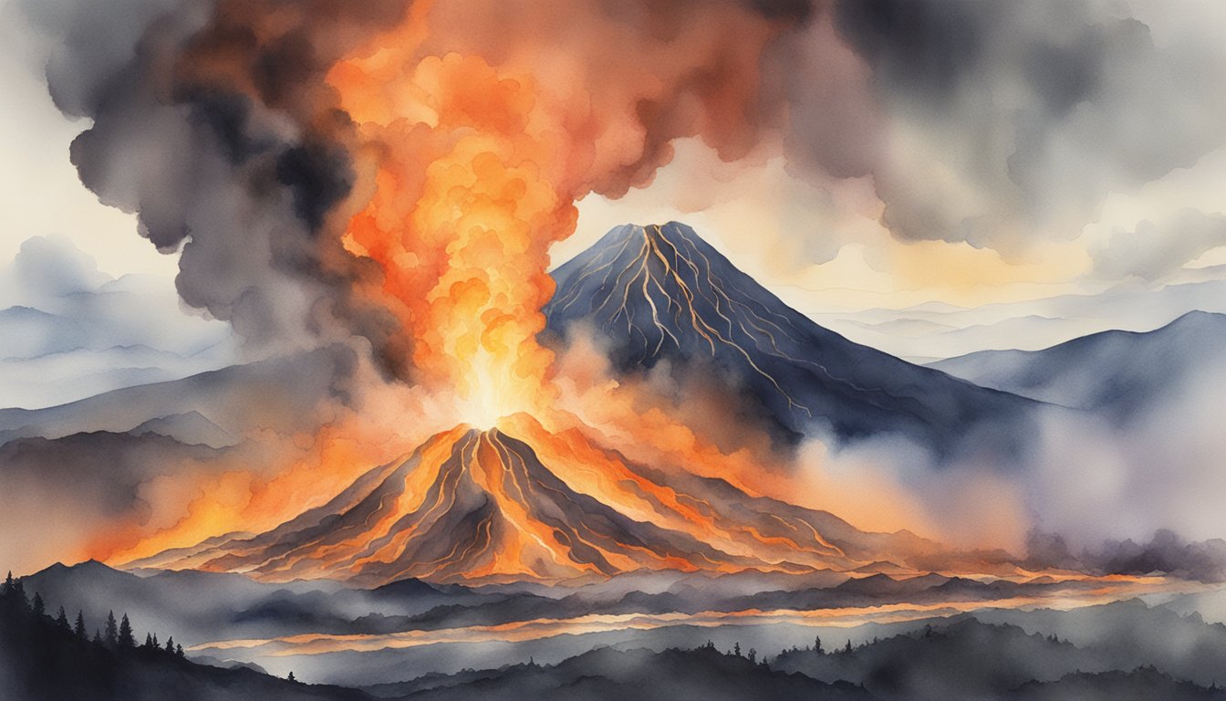 Fiery lava spewing from the active volcano, engulfing the surrounding landscape in a cloud of ash and smoke, with molten rivers flowing down the mountainside