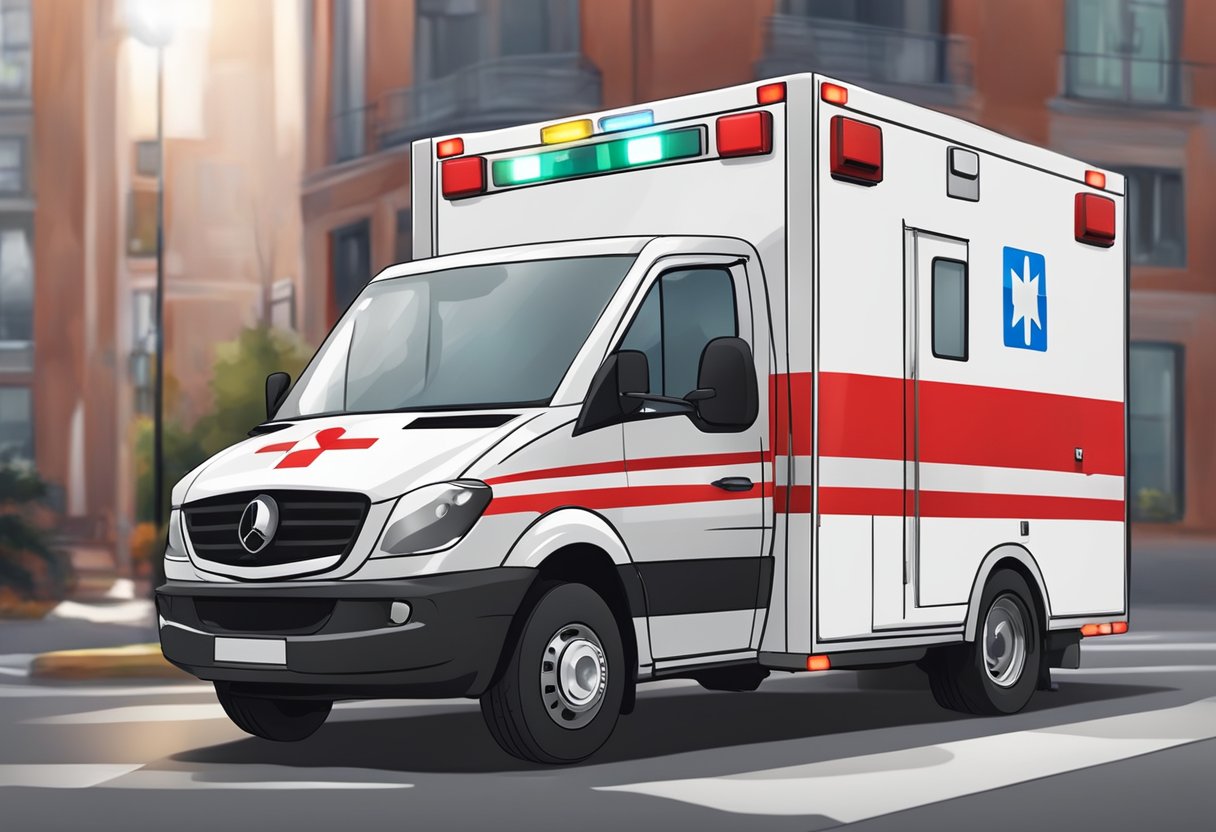 A basic ambulance parked with red and white color scheme, visible medical equipment, and flashing lights
