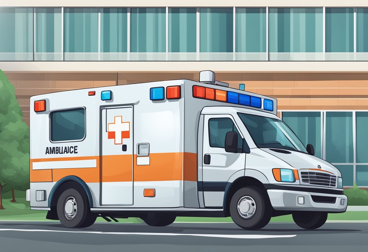 An ambulance with basic medical equipment parked outside a hospital, following legislation and norms