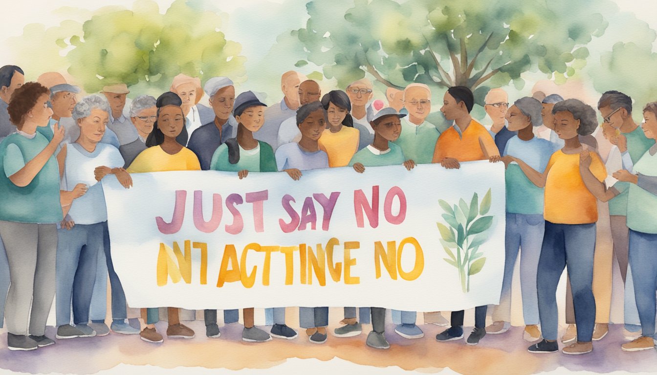 A group of people gather around a banner that reads "Just Say No," while others engage in positive activities, symbolizing the influence and outcomes of the anti-drug campaign