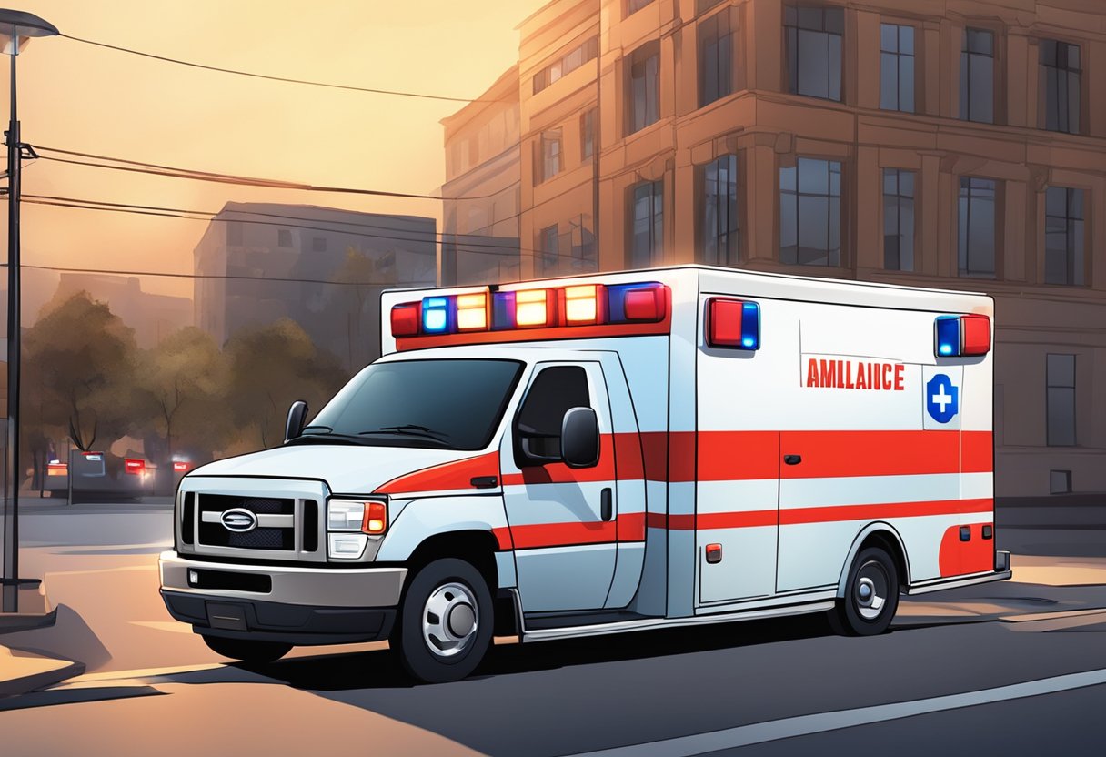 An ambulance parked with its lights flashing