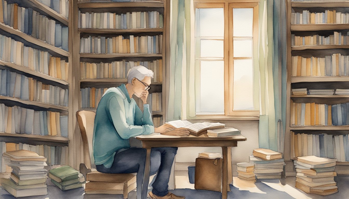 A person sitting alone in a quiet room, surrounded by books and a journal, deep in thought, with a serene and contemplative expression on their face