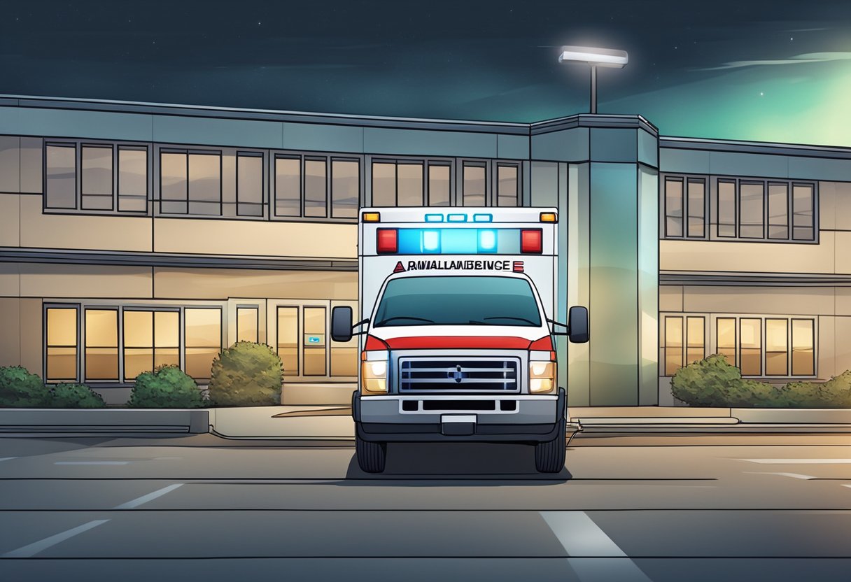 A basic ambulance parked outside a hospital with flashing lights and medical equipment visible through the windows