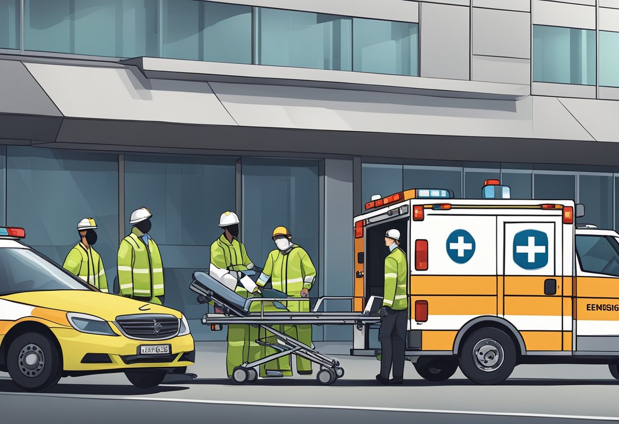 A medical emergency scene: ambulance, paramedics, and a patient on a stretcher outside a building