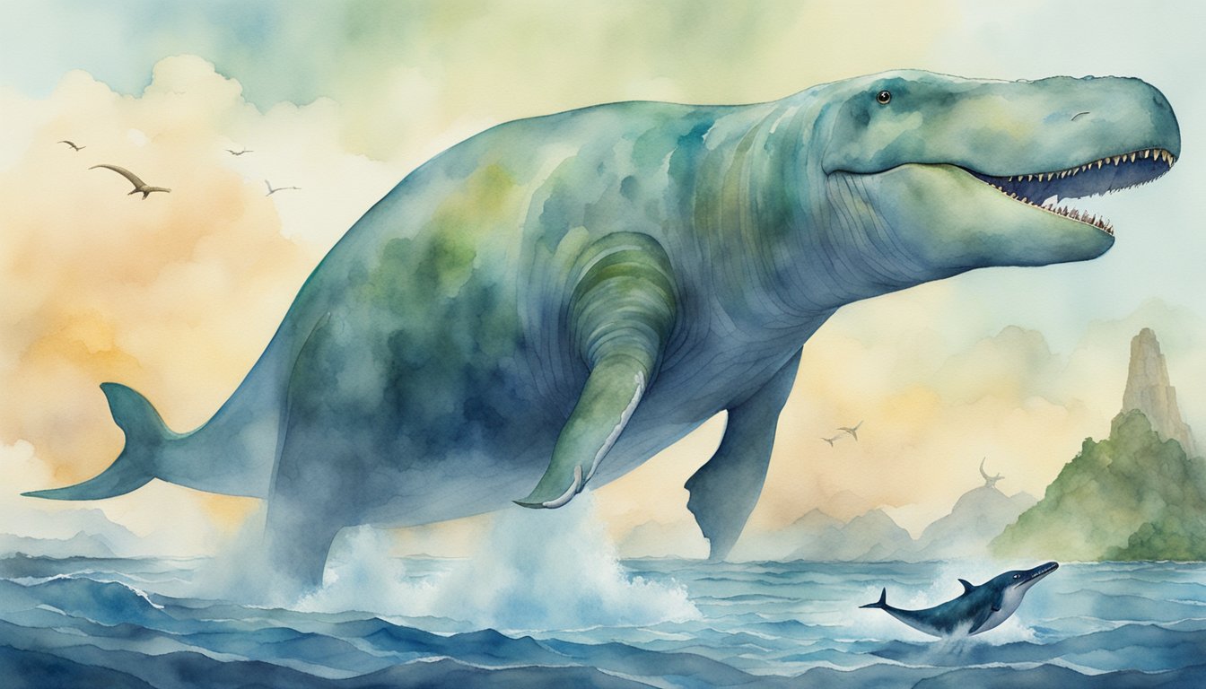 A towering prehistoric whale and colossal dinosaur stand side by side, showcasing the giants of land and sea