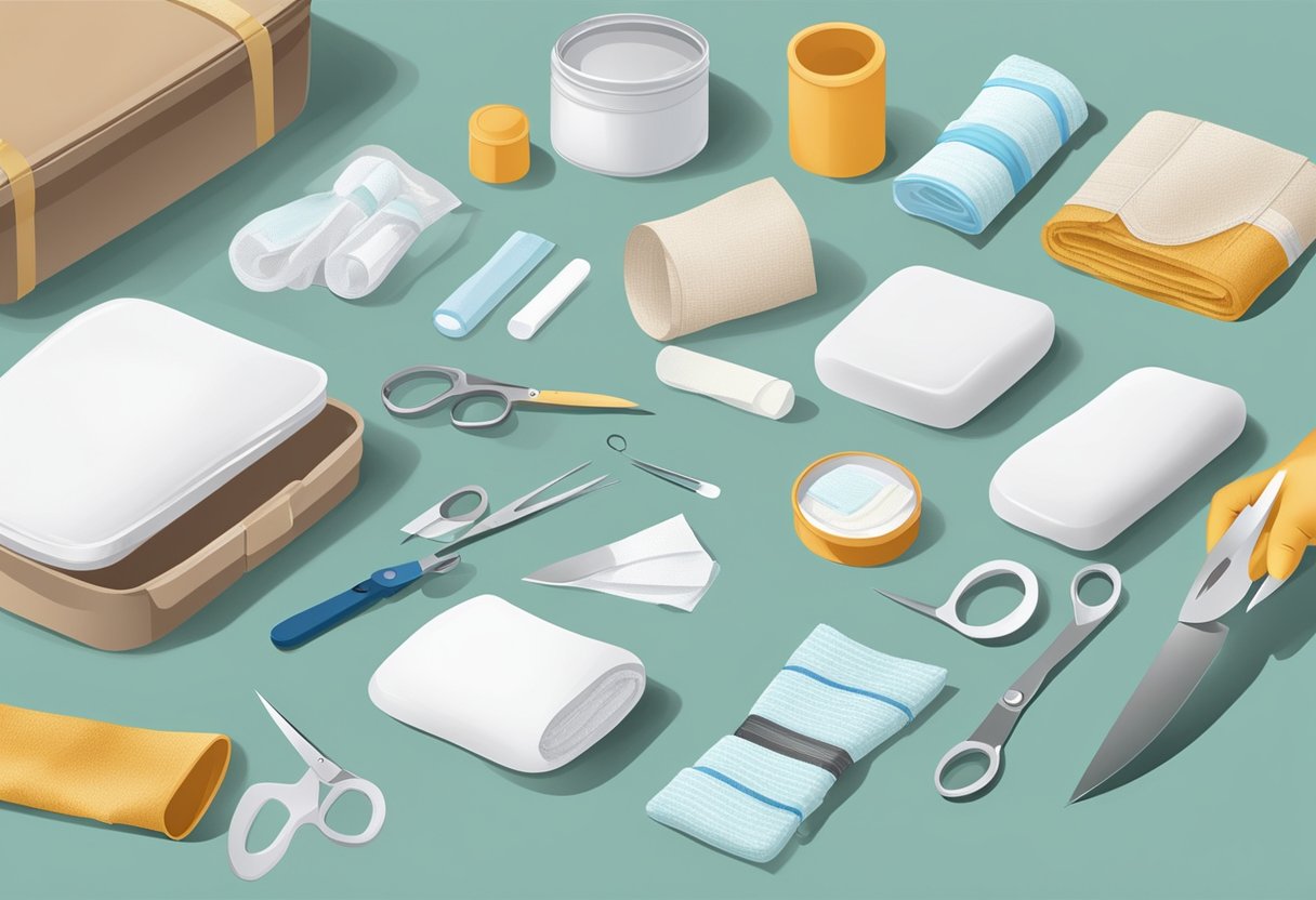 A first aid kit being opened and items such as bandages, scissors, and gloves being laid out on a table