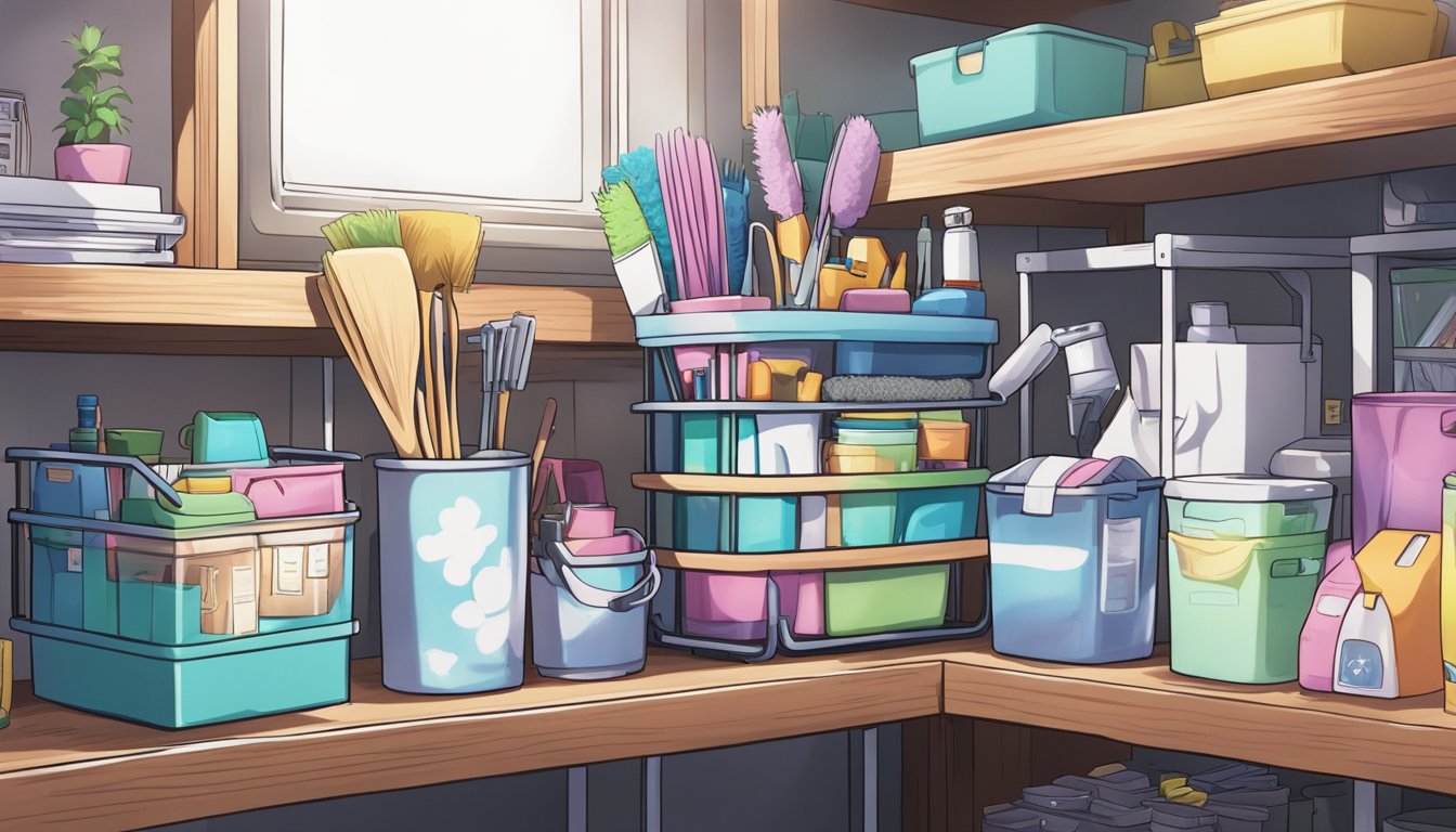 A cleaning caddy stocked with supplies, a checklist of tasks, and a neatly organized space ready for routine cleaning