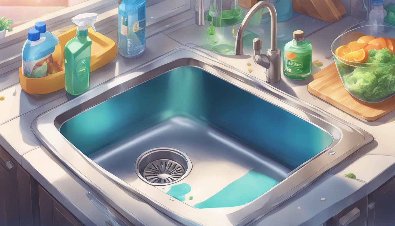 A kitchen sink and countertop being wiped down with a cleaning cloth, a bottle of disinfectant spray nearby