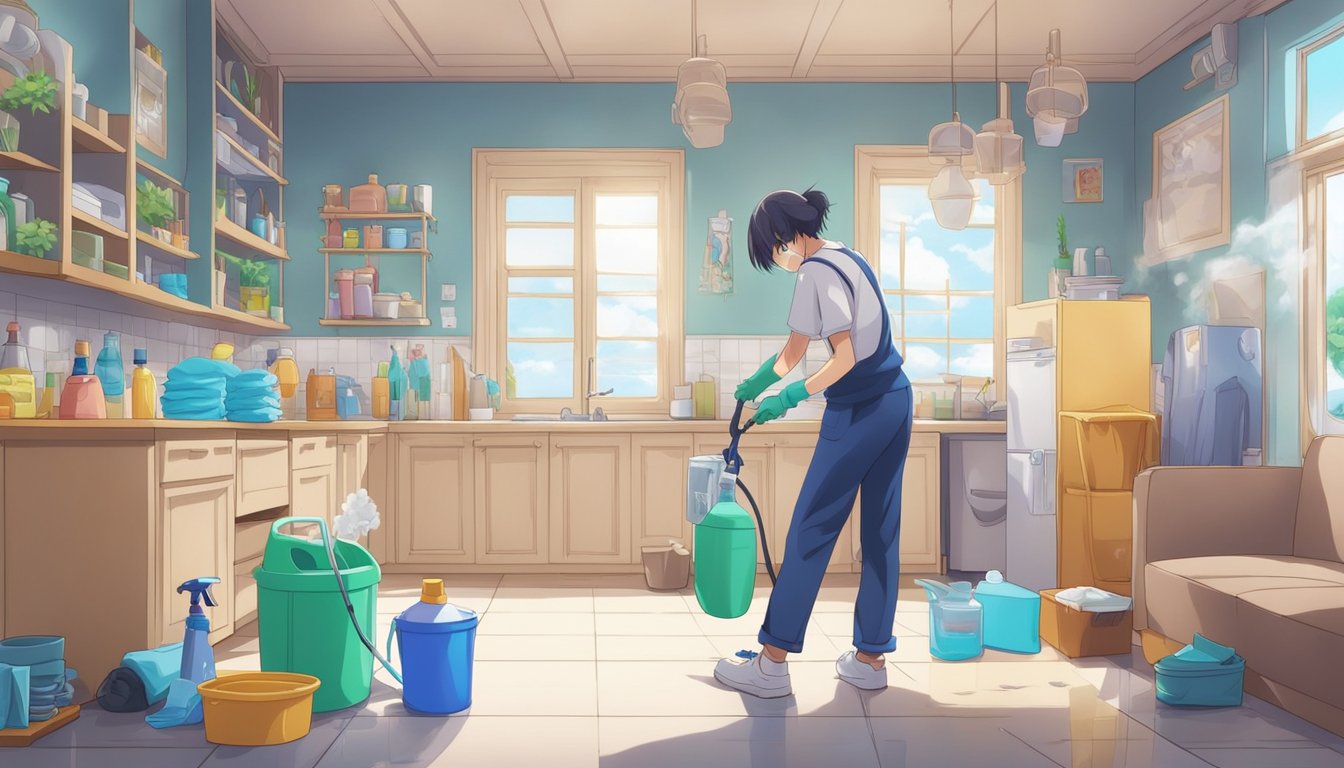 A person follows a step-by-step guide to sanitize and disinfect their home, using cleaning supplies and following specific cleaning guidelines