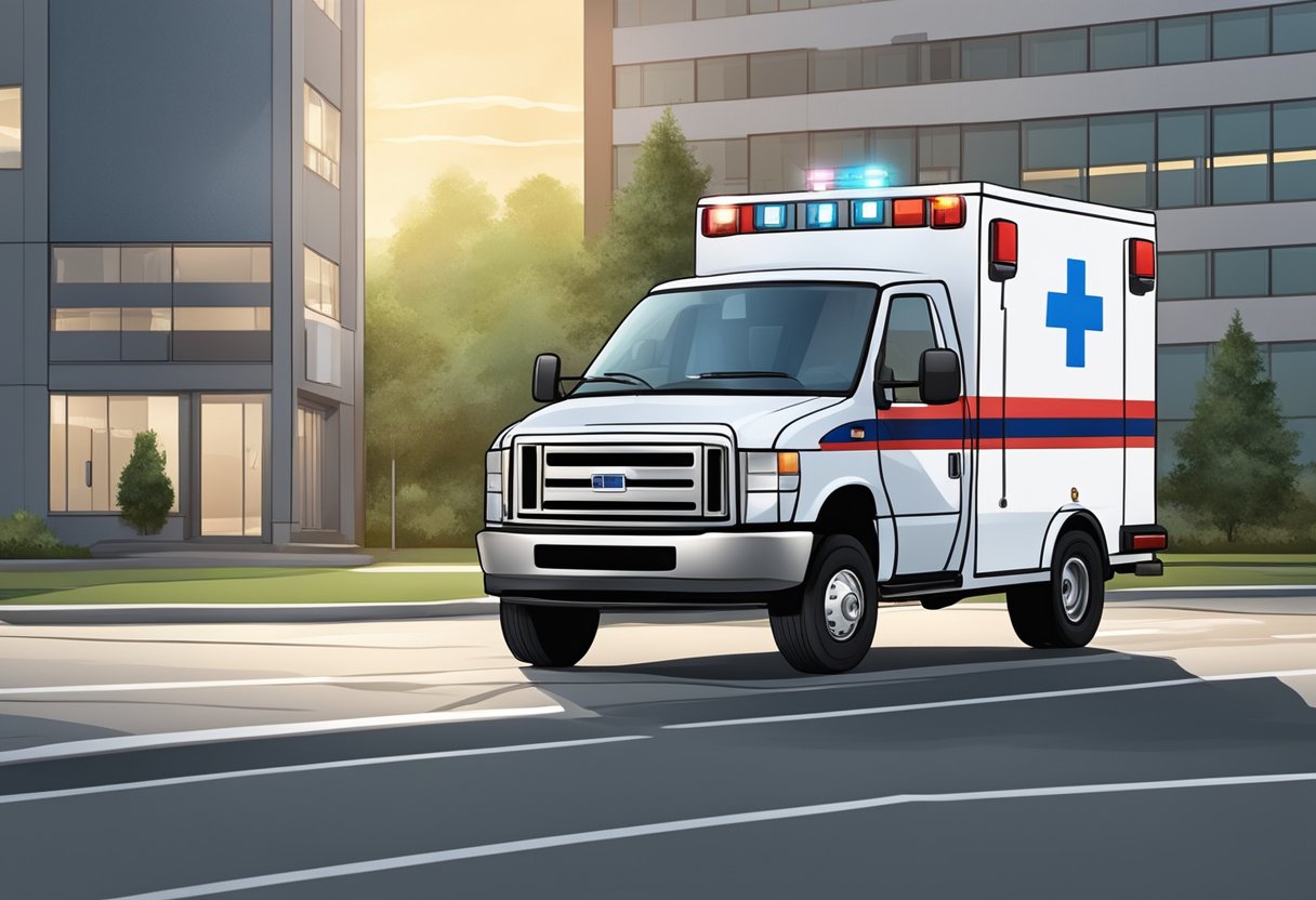 An ambulance parked outside a medical facility, with clear signage indicating it is a private ambulance. The vehicle is equipped with medical supplies and has a professional and organized appearance
