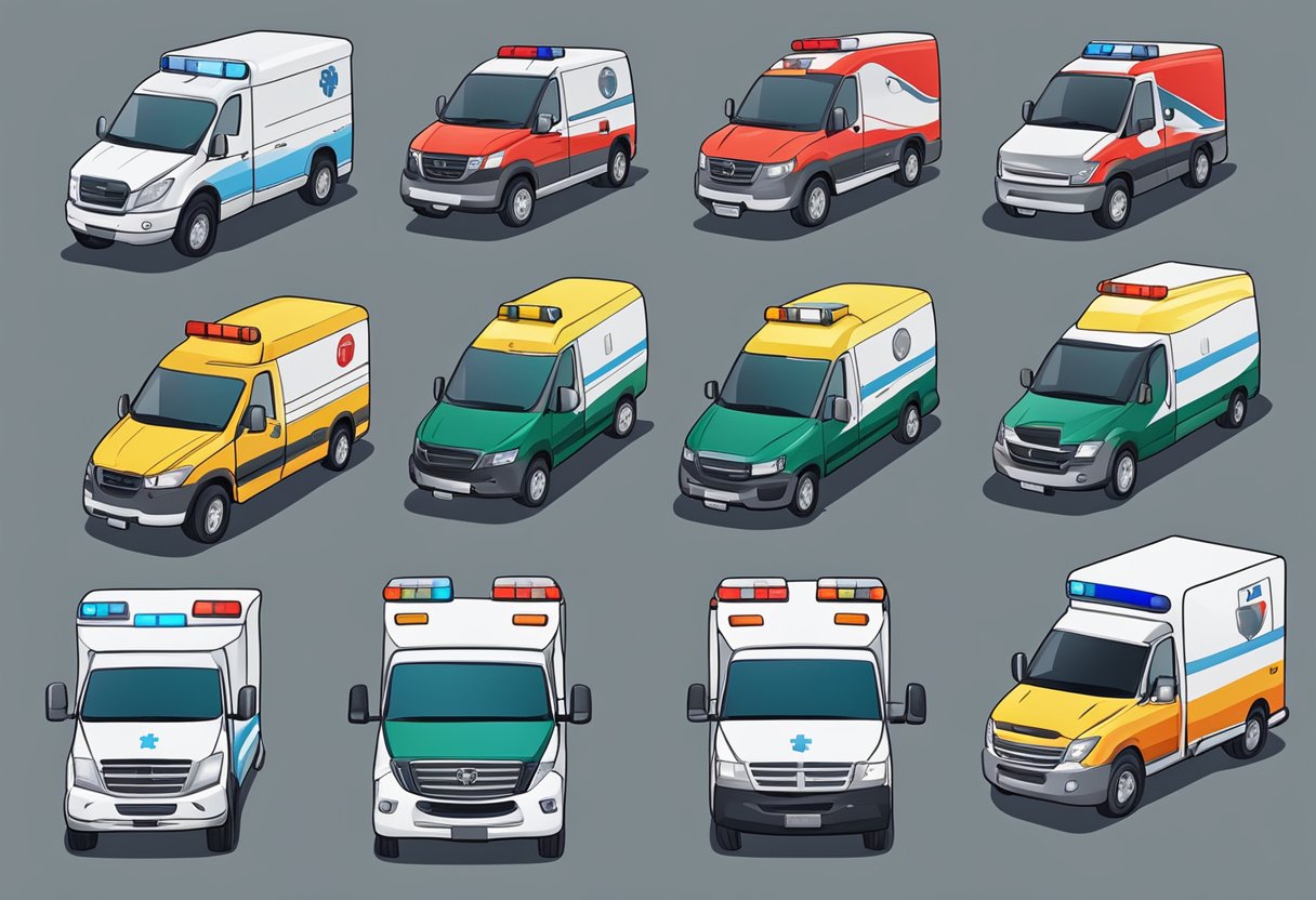 An ambulance selection process, with various private ambulance types displayed for consideration