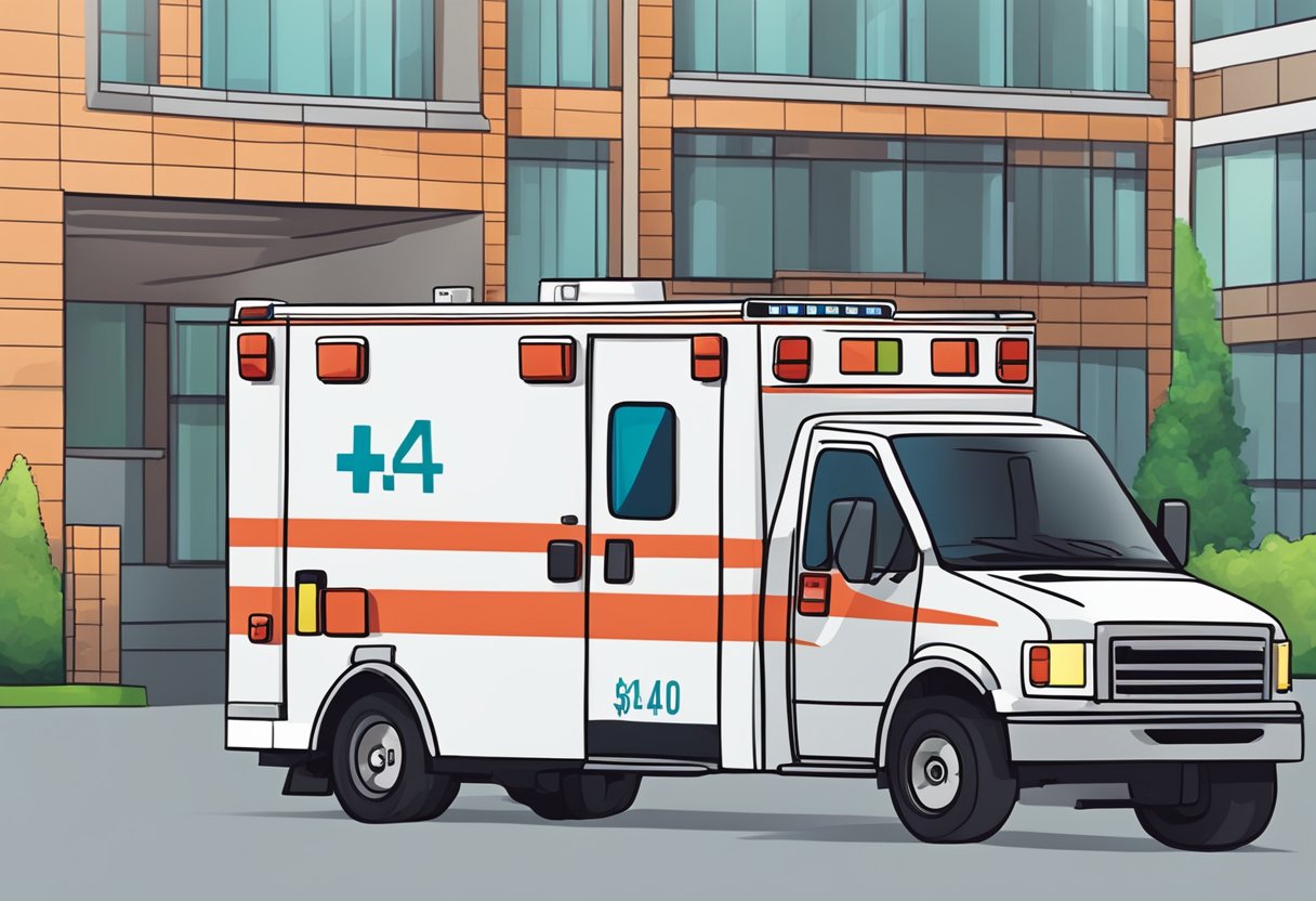 A private ambulance parked outside a hospital, with a price tag displayed on the side. Various factors influencing the cost are depicted, such as equipment, staff, and location