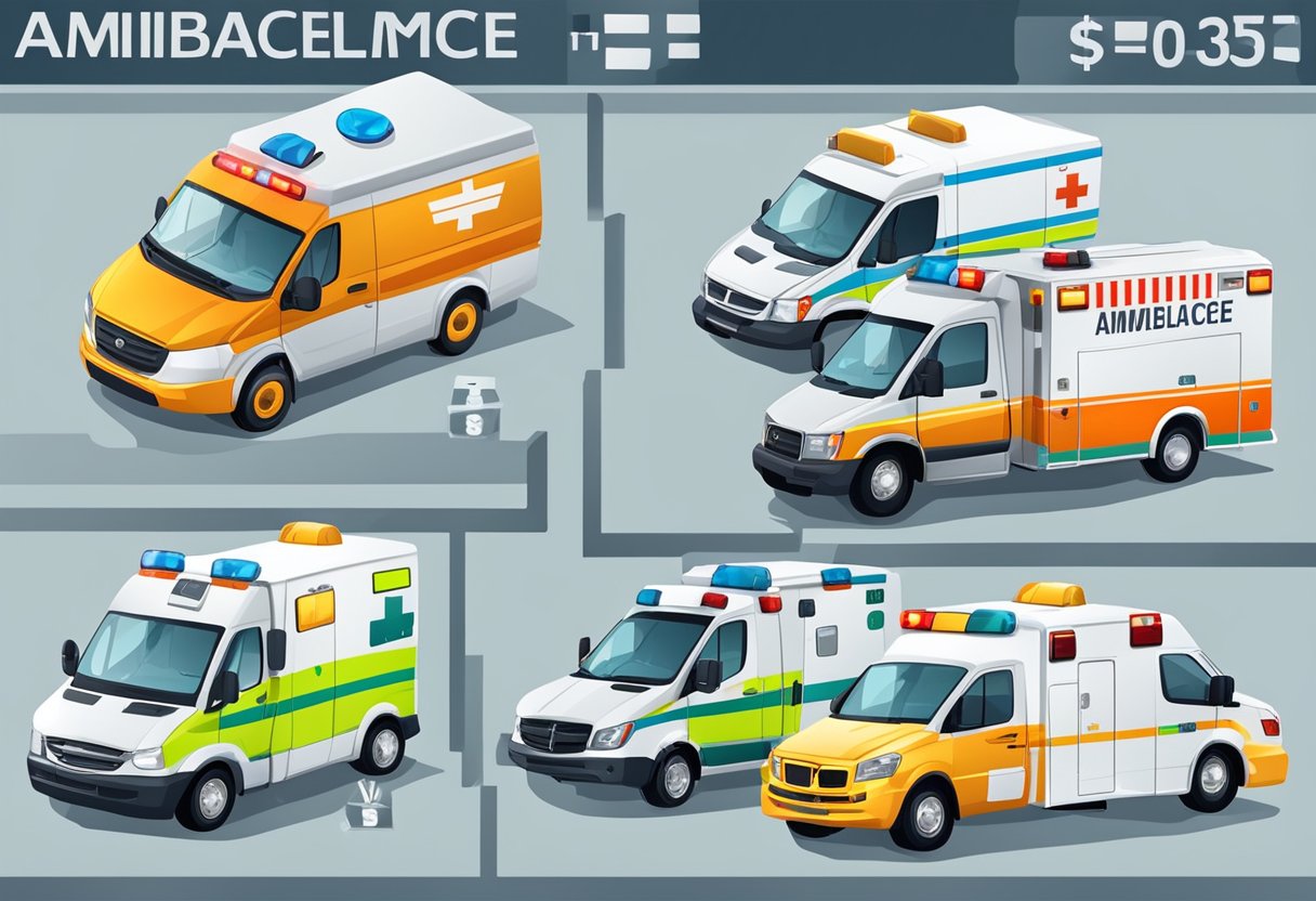 Various ambulance types and their costs displayed on a chart with price tags