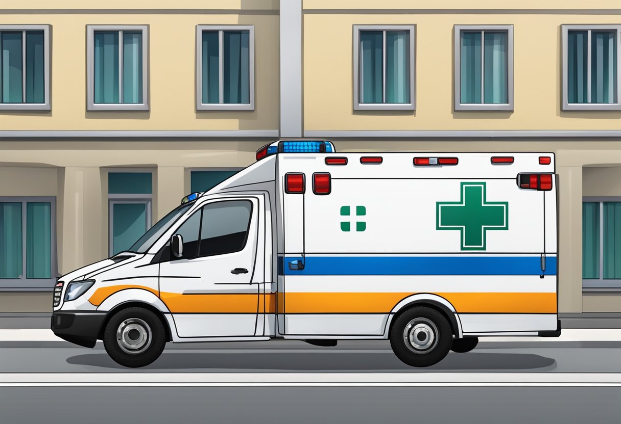 A private ambulance with flashing lights and a medical symbol on the side, parked outside a building with a stretcher visible through the open back doors