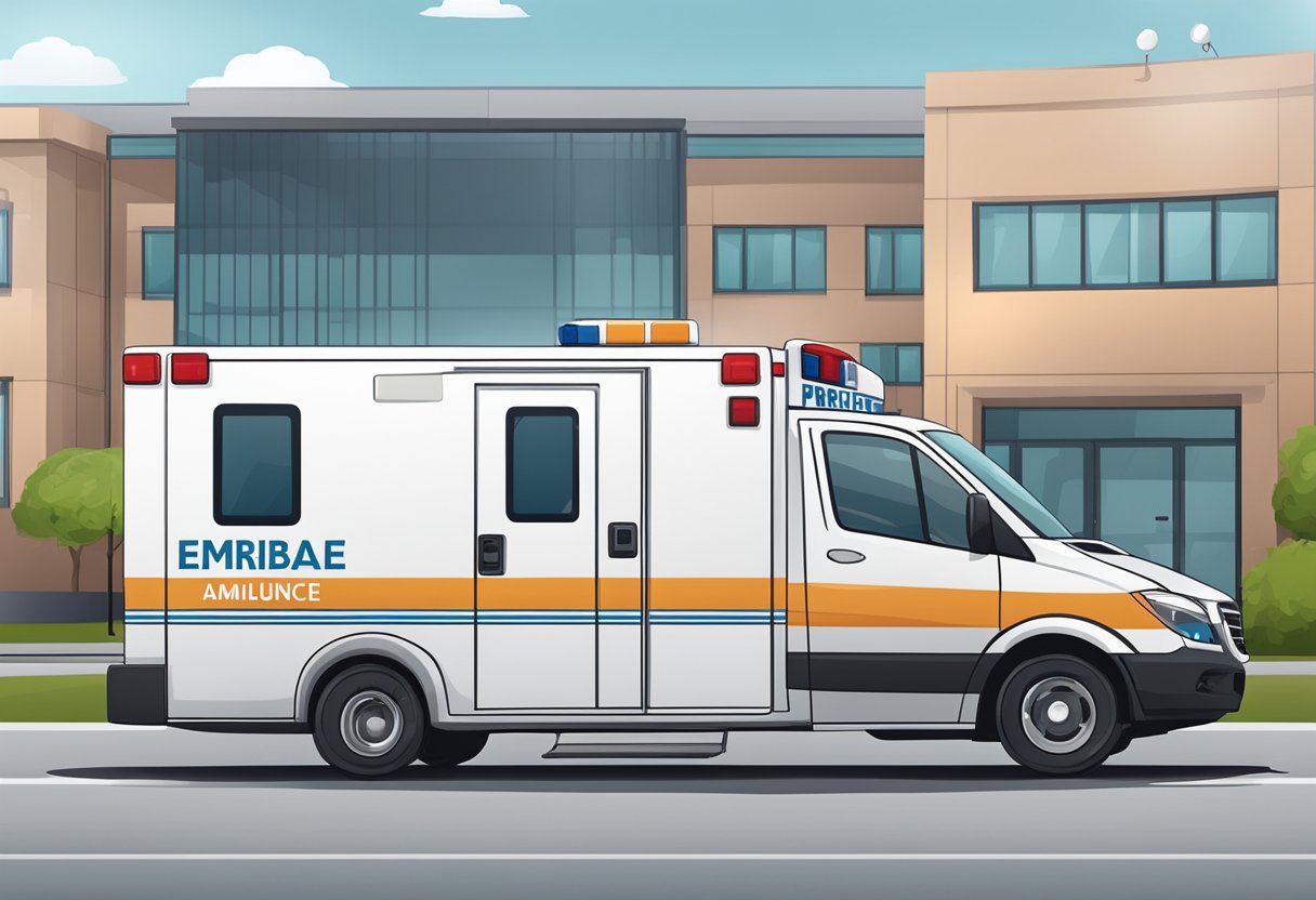 A private ambulance parked outside a hospital with a price tag displayed on the side