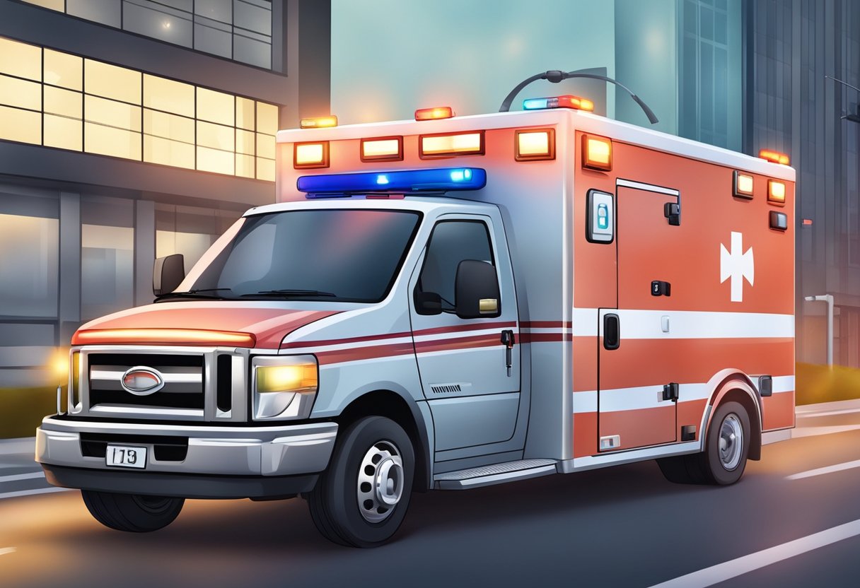 An ambulance with flashing lights and siren transports a patient