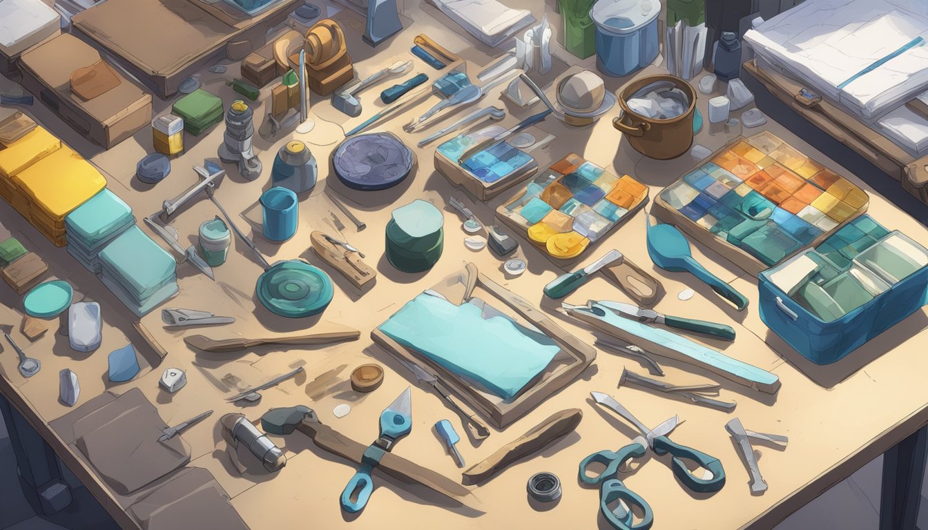 A table with various tools and materials for repairing silicone and TPE. Broken objects made from the materials are also present for reference