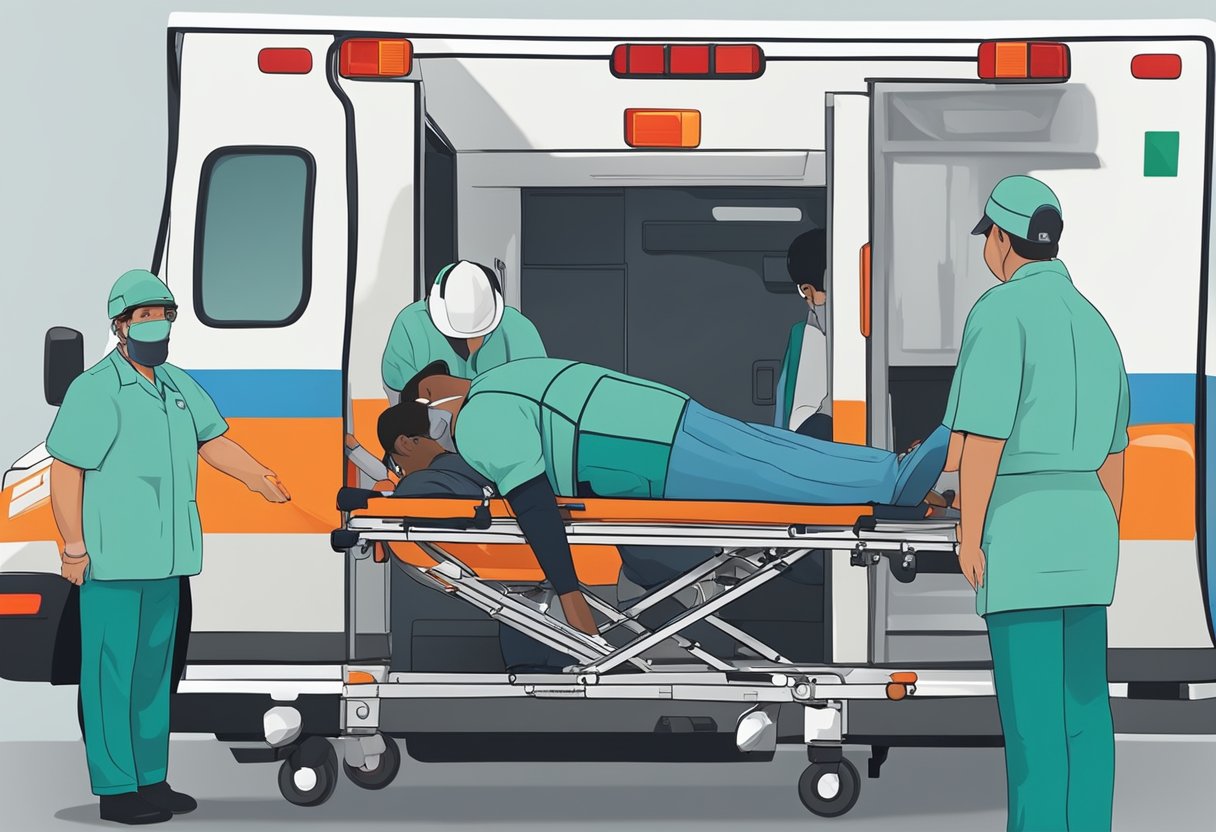 A paramedic instructs and assists in loading a patient onto an ambulance stretcher for transport
