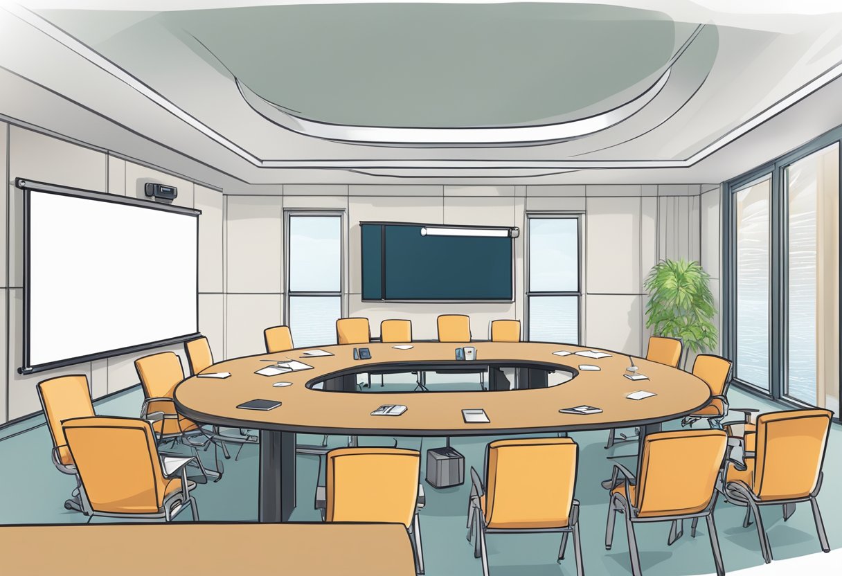 A conference room with a large table surrounded by chairs, a whiteboard filled with strategic plans, and a projector displaying event venues and schedules