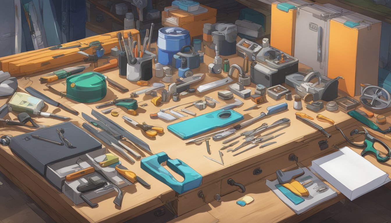 Various tools and materials arranged neatly on a workbench, with a worn object nearby for repair. A chart or guide on the wall shows strategies for minimizing wear and tear