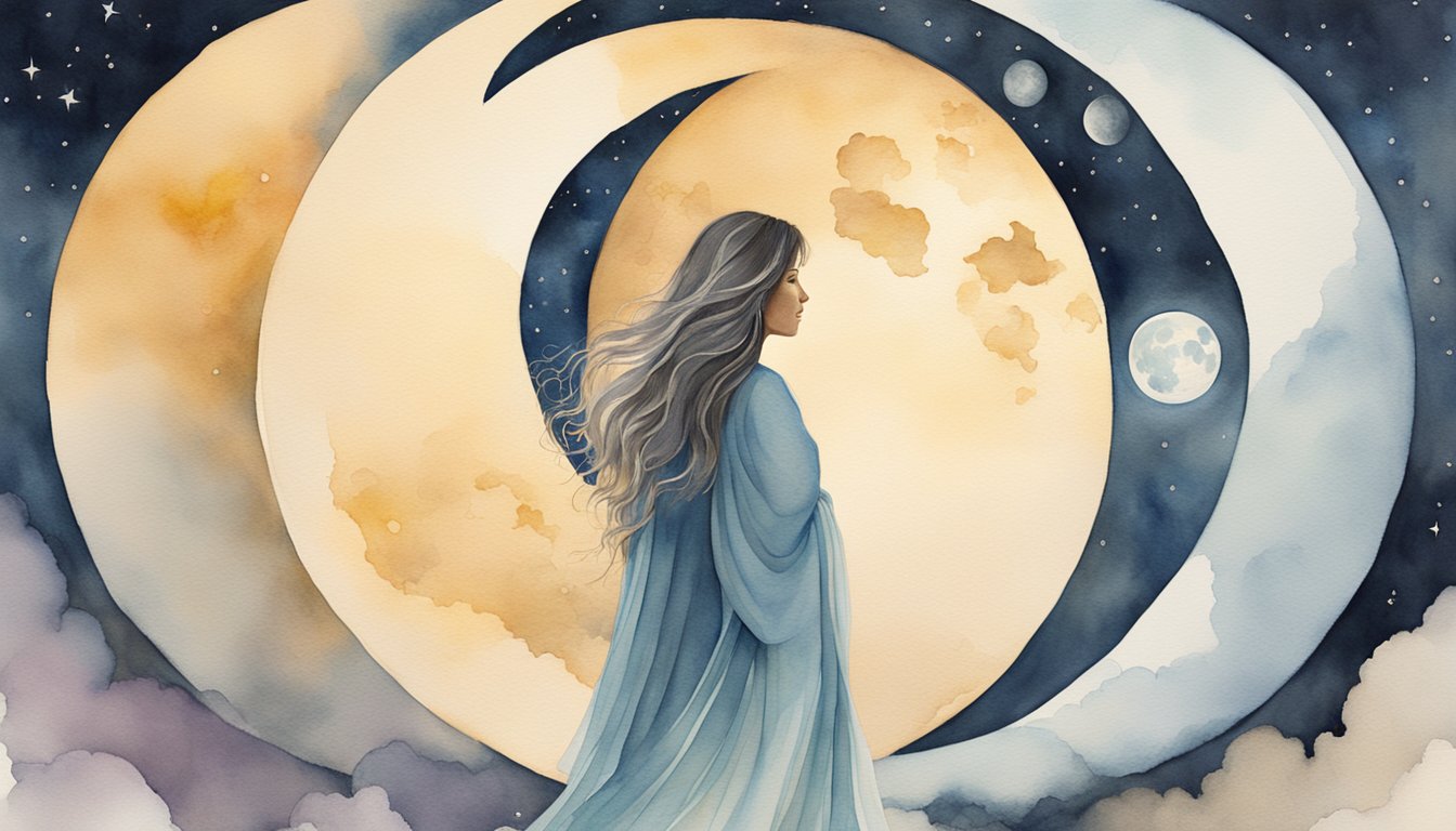 The moon's phases and the menstrual cycle synchronize, symbolized by a glowing moon casting light over a woman's silhouette