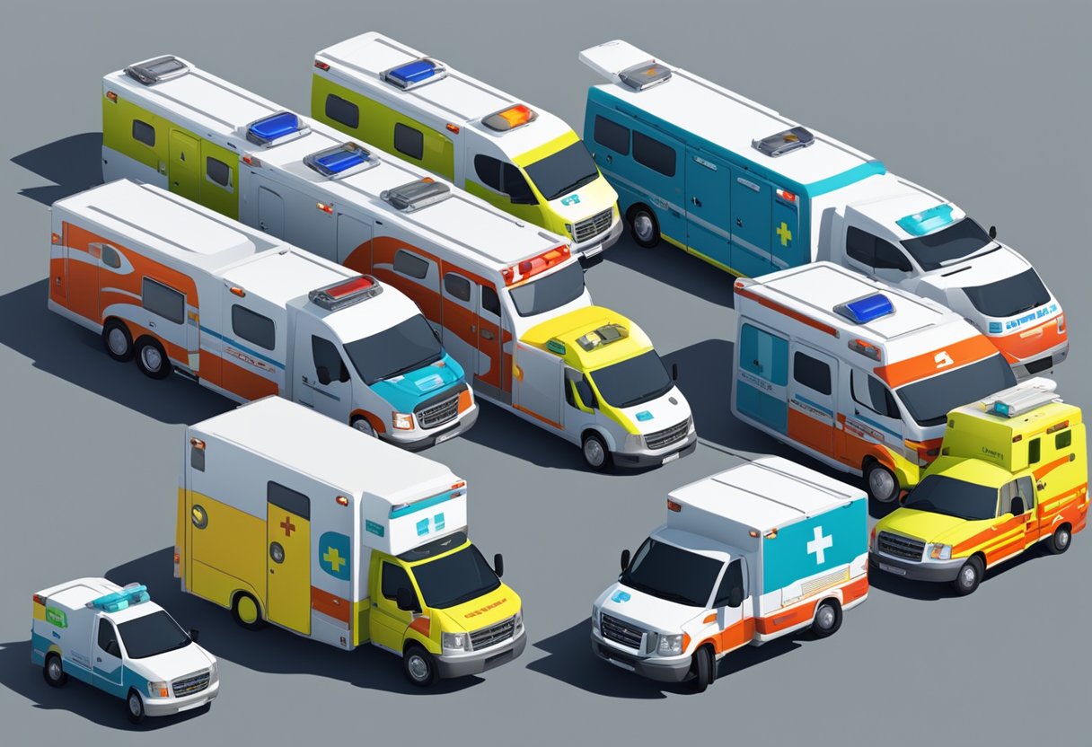 A fleet of ambulances parked in a row, with various types and sizes on display for rental. Brightly colored logos and emergency lights are visible on the vehicles