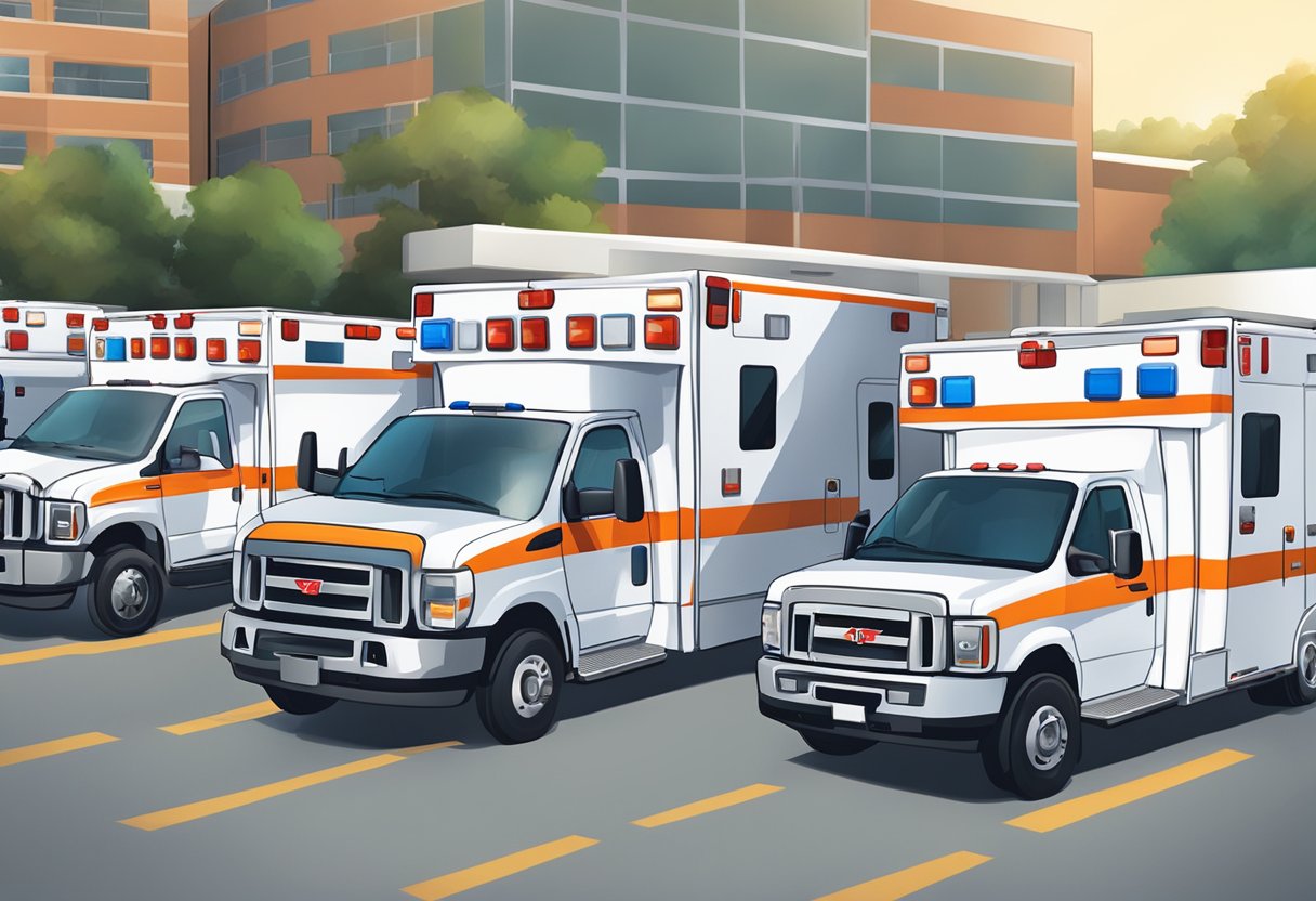 A fleet of ambulances lined up outside a medical facility, with paramedics loading equipment and checking supplies