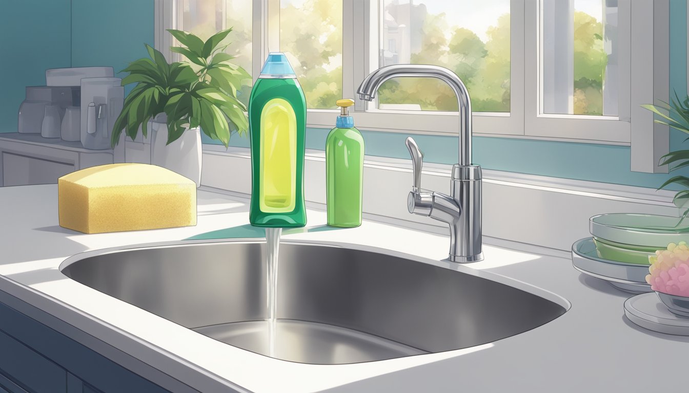 A bottle of specialized cleaner sits next to a scrub brush and sponge on a sparkling clean countertop. A shining faucet and spotless sink complete the scene