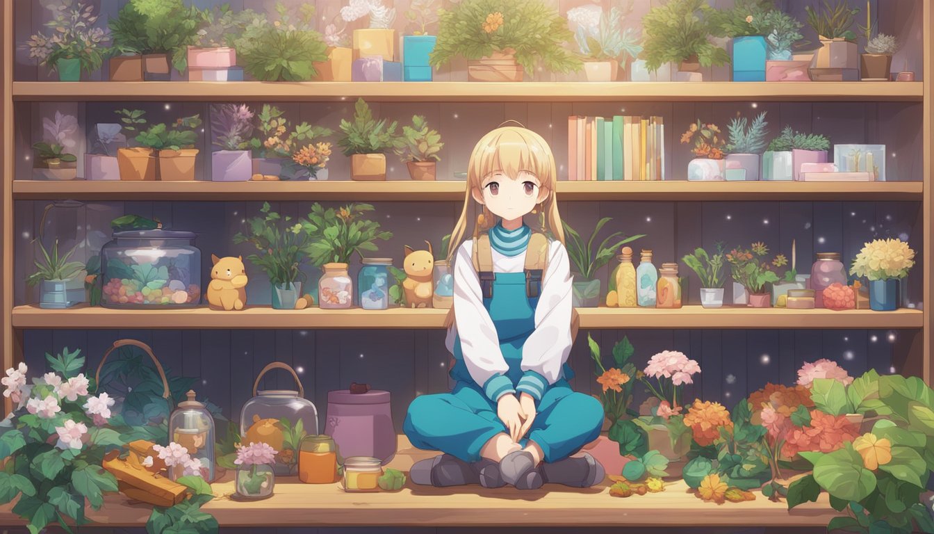 A doll sitting on a shelf, surrounded by seasonal items like leaves, snowflakes, and flowers. A checklist of maintenance tasks is displayed nearby