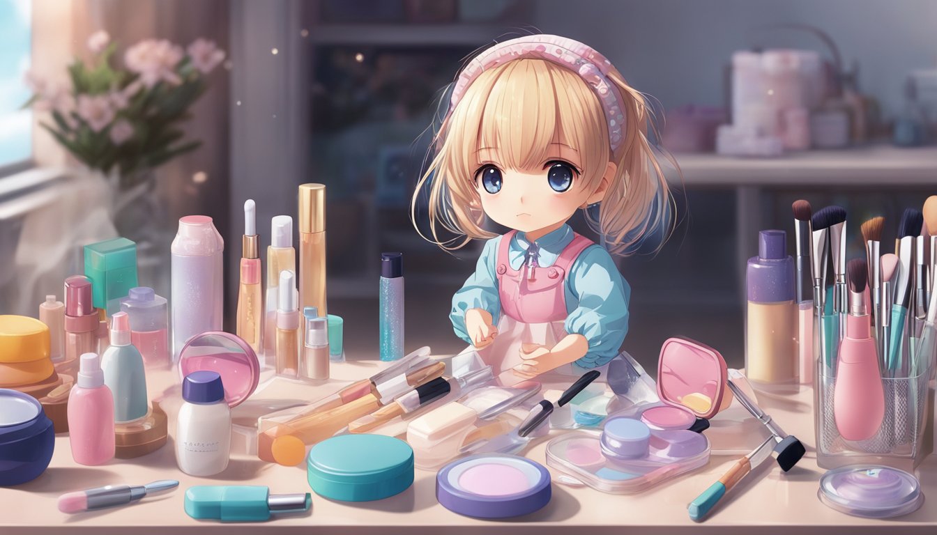 A doll sits on a clean, well-lit surface with various cosmetic tools and products nearby. A small mirror reflects the doll's face, showing signs of wear and in need of touch-ups